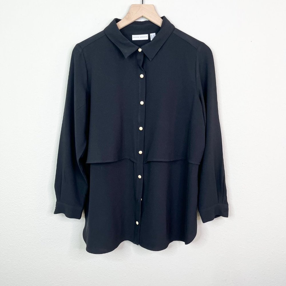 Susan Graver Women's Black Button Up Layered Blouse Size 6P Collared Gold Button